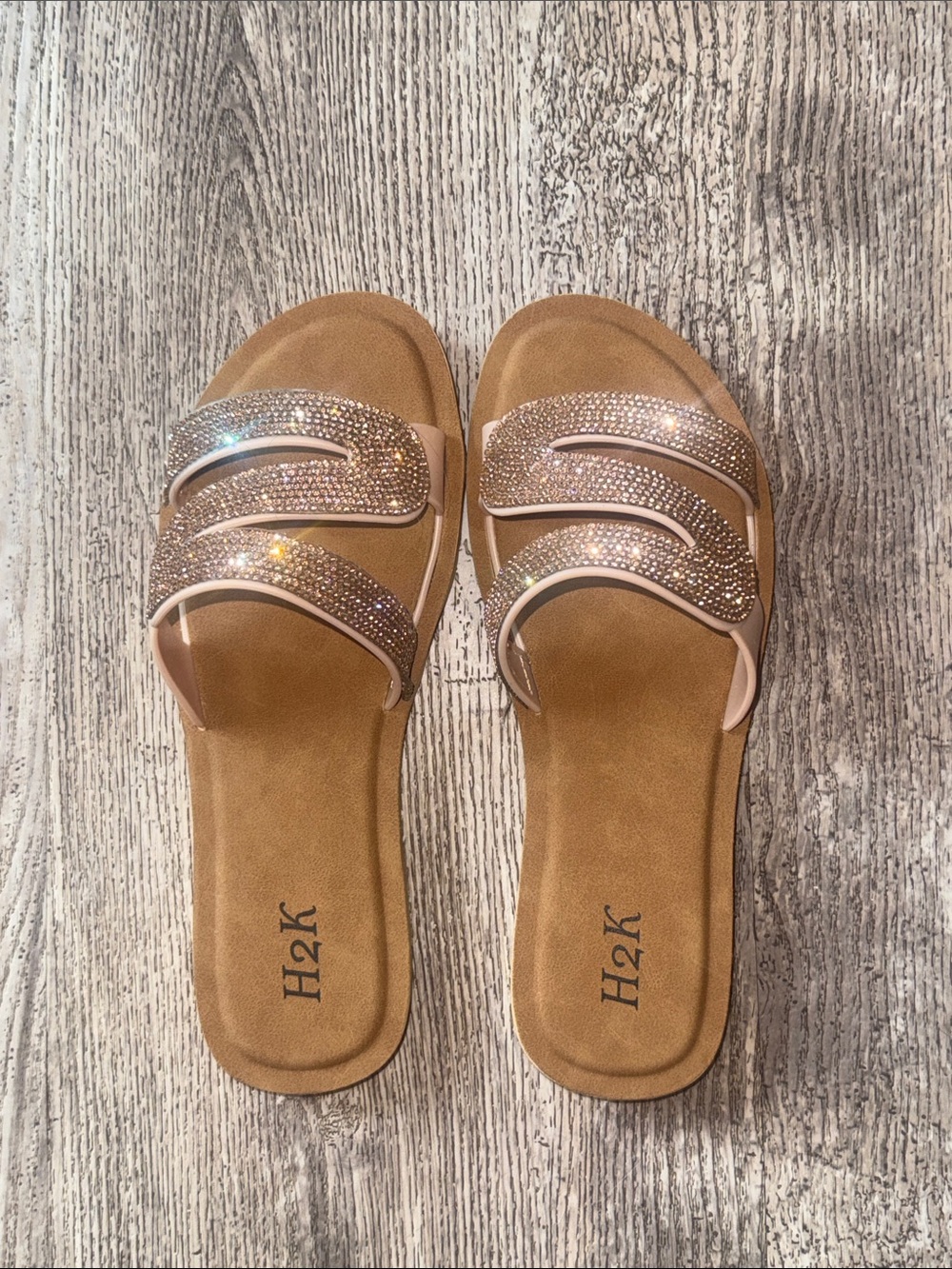 H2K Women's Embellished Tan Slide Sandals